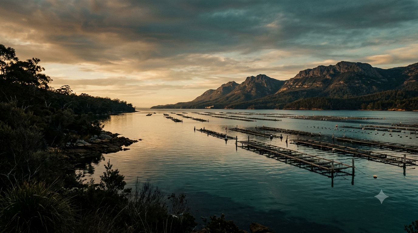 Aquaculture pens stretching across calm coastal water beneath mountains at dusk.