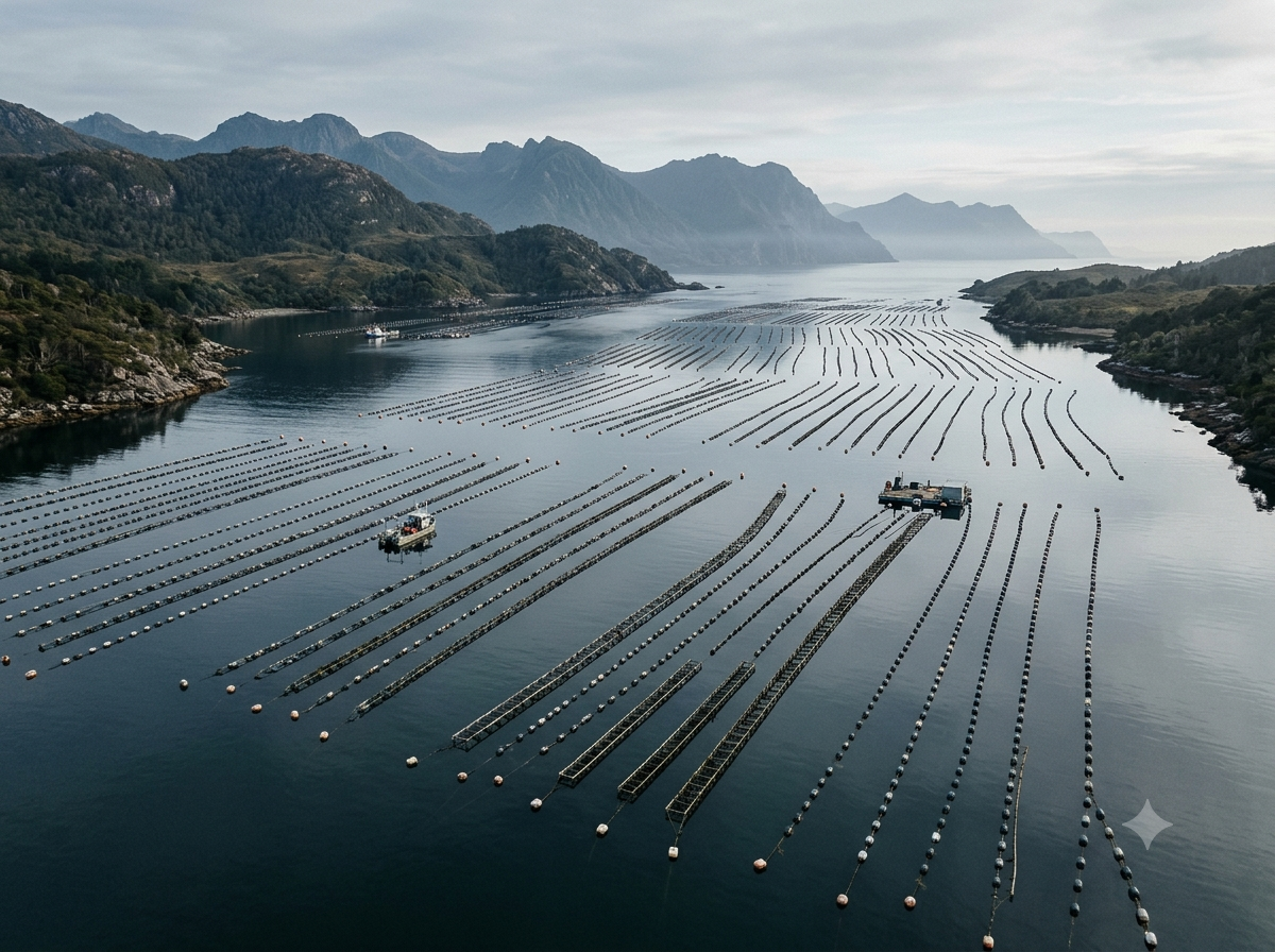 Aquaculture pens on calm coastal water at dusk.